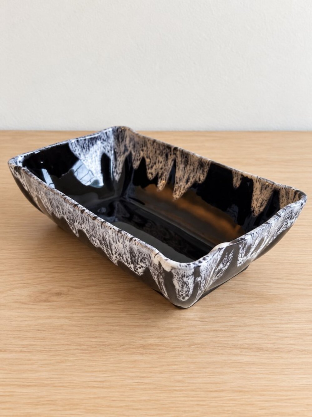 Black White Drip Glaze Rectangular Art Pottery Planter Mid Century Vintage